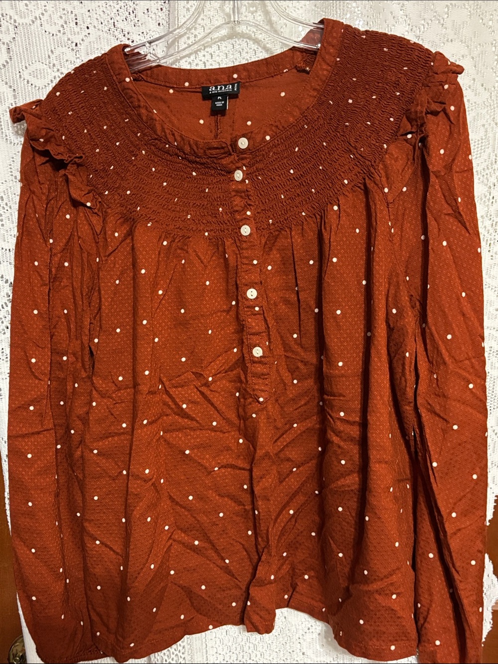 a.n.a Rust Dot Smocked Yoke Button-Front Blouse Size PL